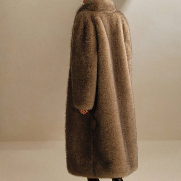 Brown Casual Women's Fluffy Shaggy Faux Fox Fur Collar Long Coat - Picture 2 of 7